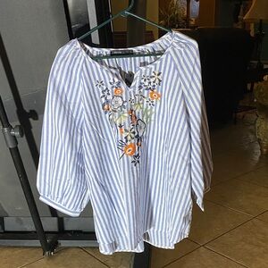 Zanzea Blue and White Striped Top with Floral Embroidery
